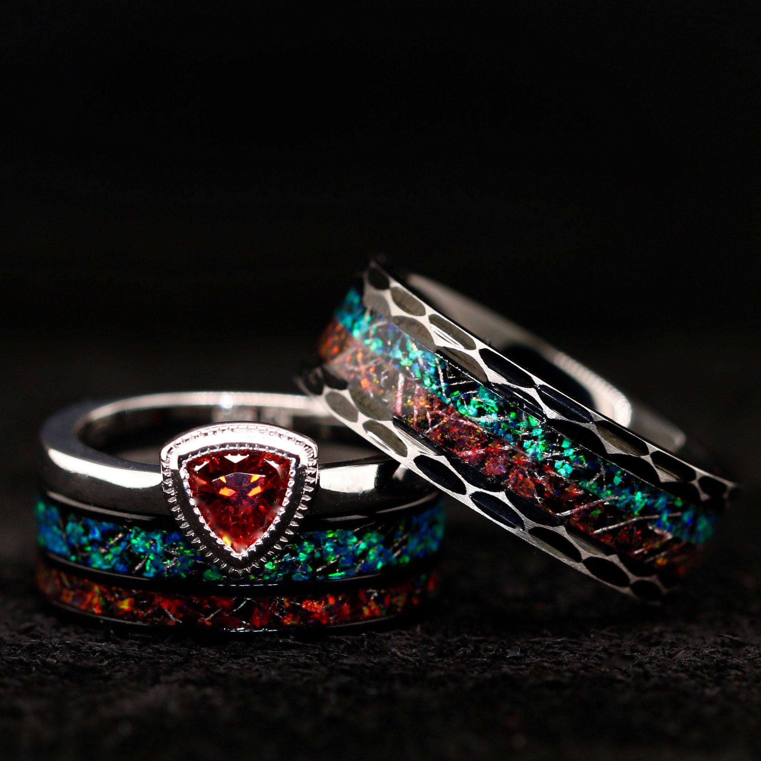 VolcanicBond Duo Set - Opal Engagement Wedding Ring Set | His and Her Ring Set