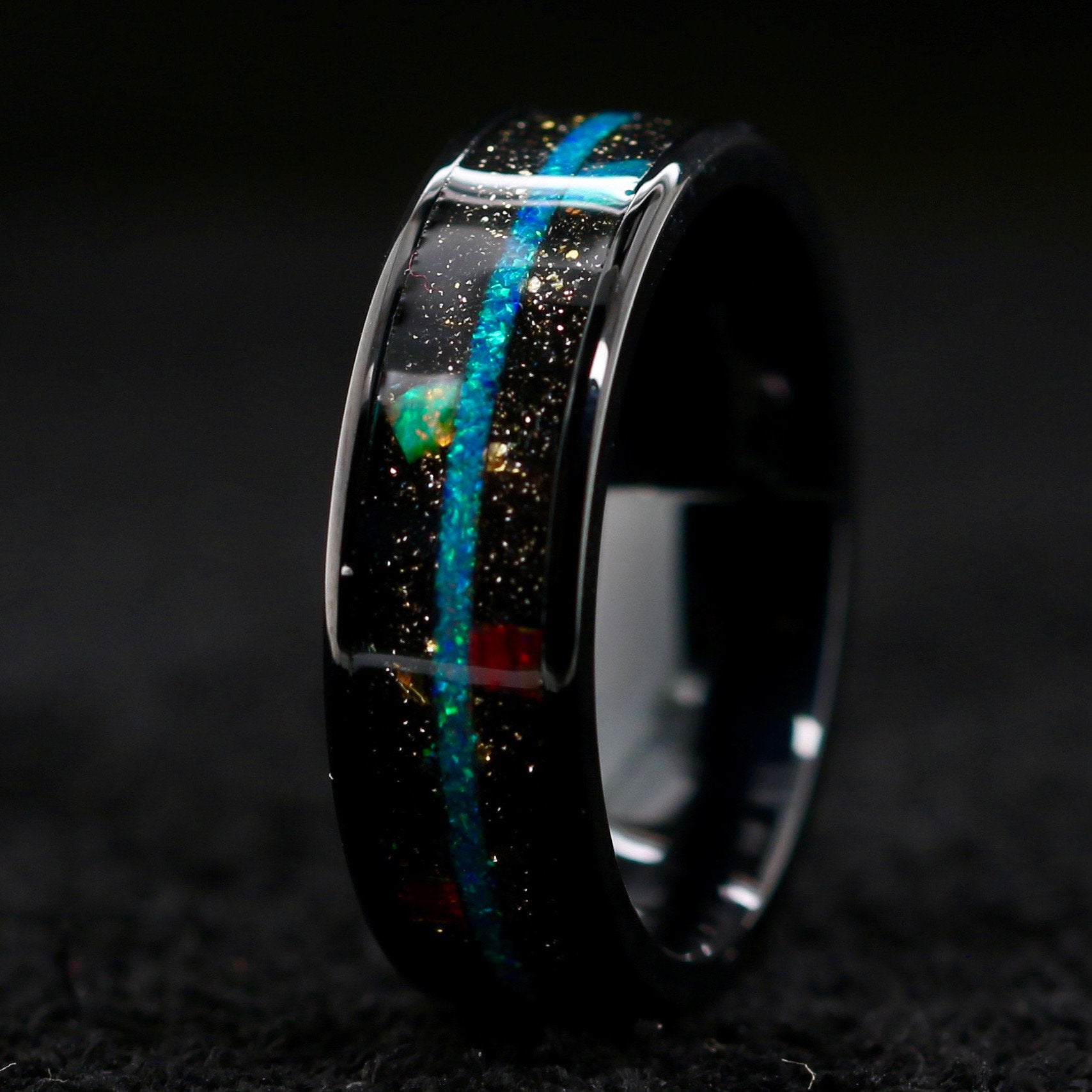 "Galaxy" Opal Ring Gold Foil  Band Black Stainless Steel Ring