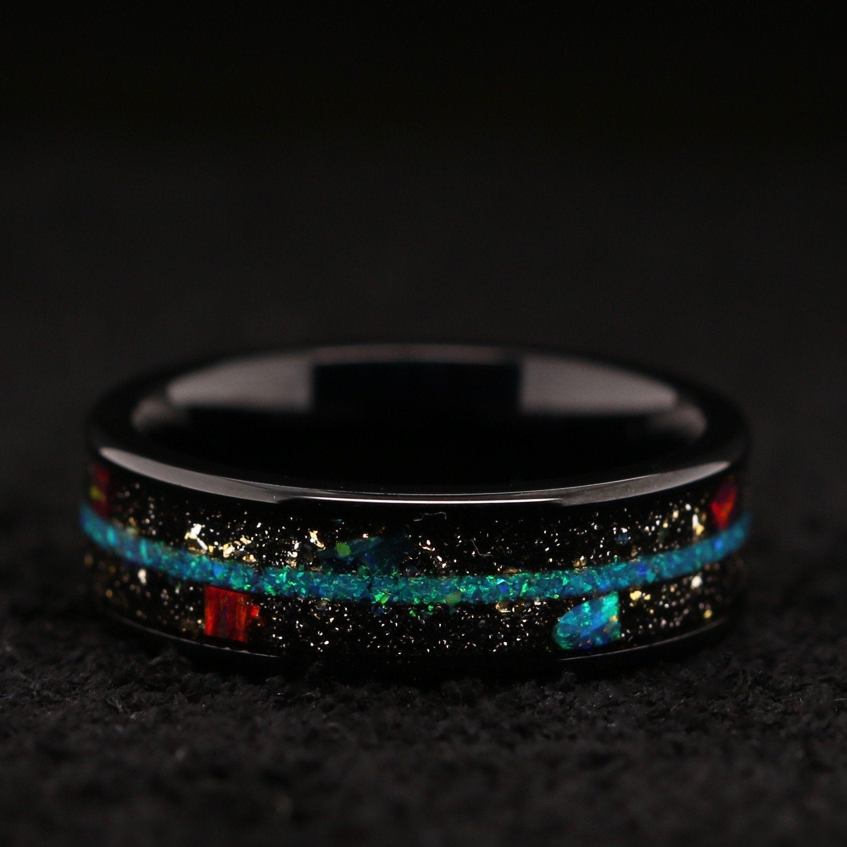 "Galaxy" Opal Ring Gold Foil  Band Black Stainless Steel Ring