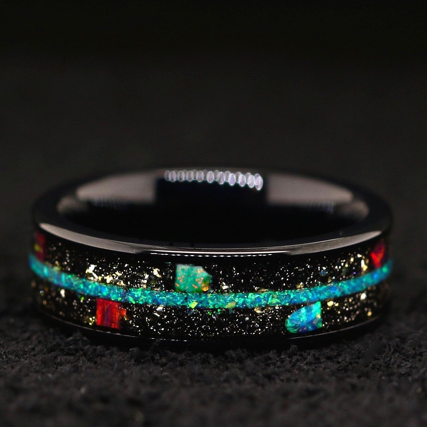 "Galaxy" Opal Ring Gold Foil  Band Black Stainless Steel Ring