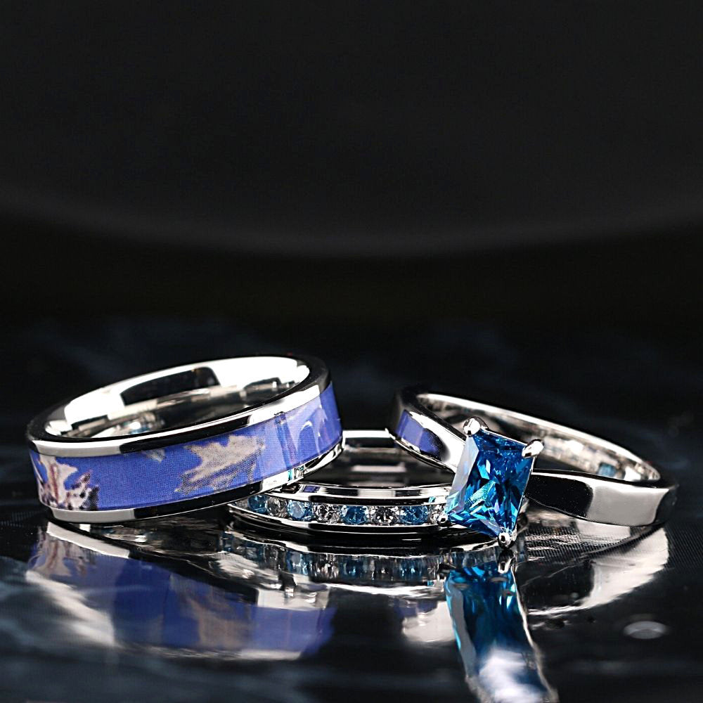 4pc Blue Camo Wedding Ring Set Sapphire Cubic Zirconia Engagement Ring Set