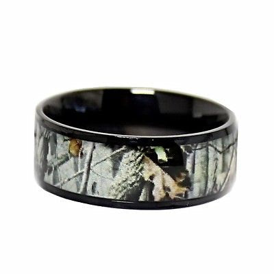 Stainless Steel Black Camo Ring Hunting Camouflage Wedding Band