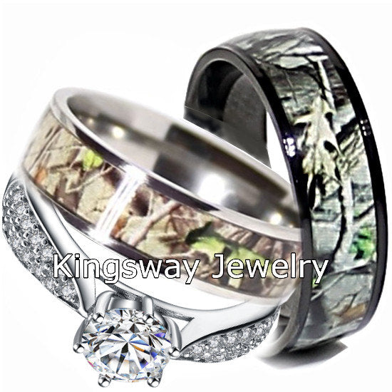 His and Her Camo Wedding Ring Set Titanium and Sterling Silver Engagement Rings