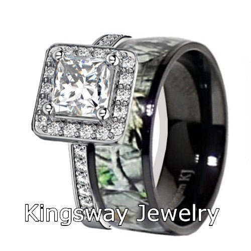 Mens & Womens Black Camo Wedding Ring Set Titanium Sterling Silver Engagement Rings