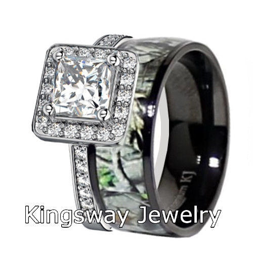 Mens & Womens Black Camo Wedding Ring Set Titanium Sterling Silver Eng