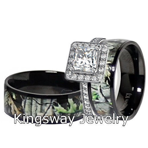 Mens & Womens Black Camo Wedding Ring Set Titanium Sterling Silver Engagement Rings