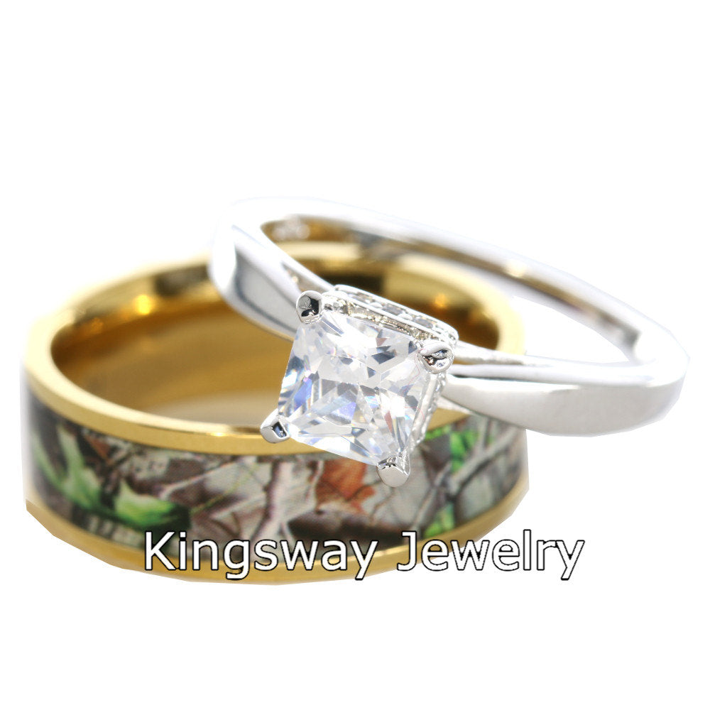 2 pc Gold Camo Wedding Rings Set Silver Engagement Rings