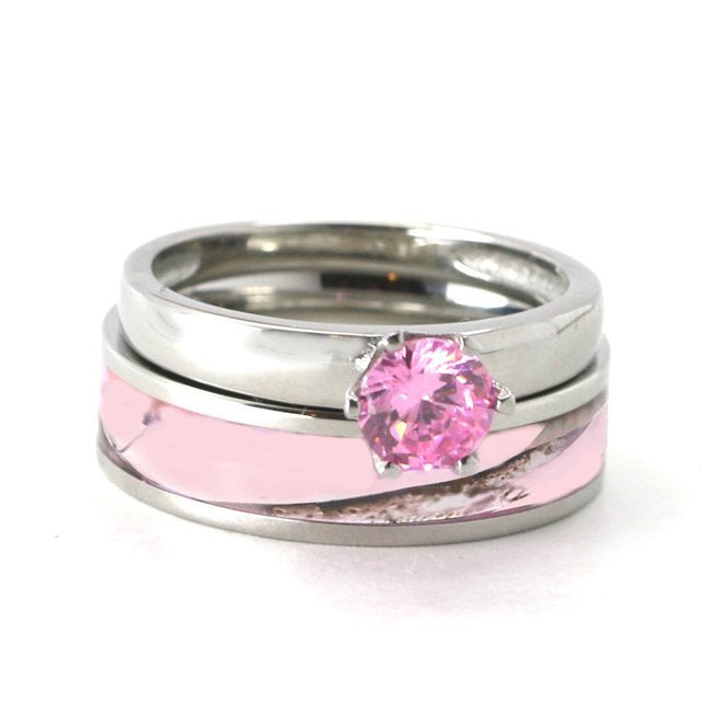 2 piece Pink Camo Wedding Ring Set Camo Engagement Rings