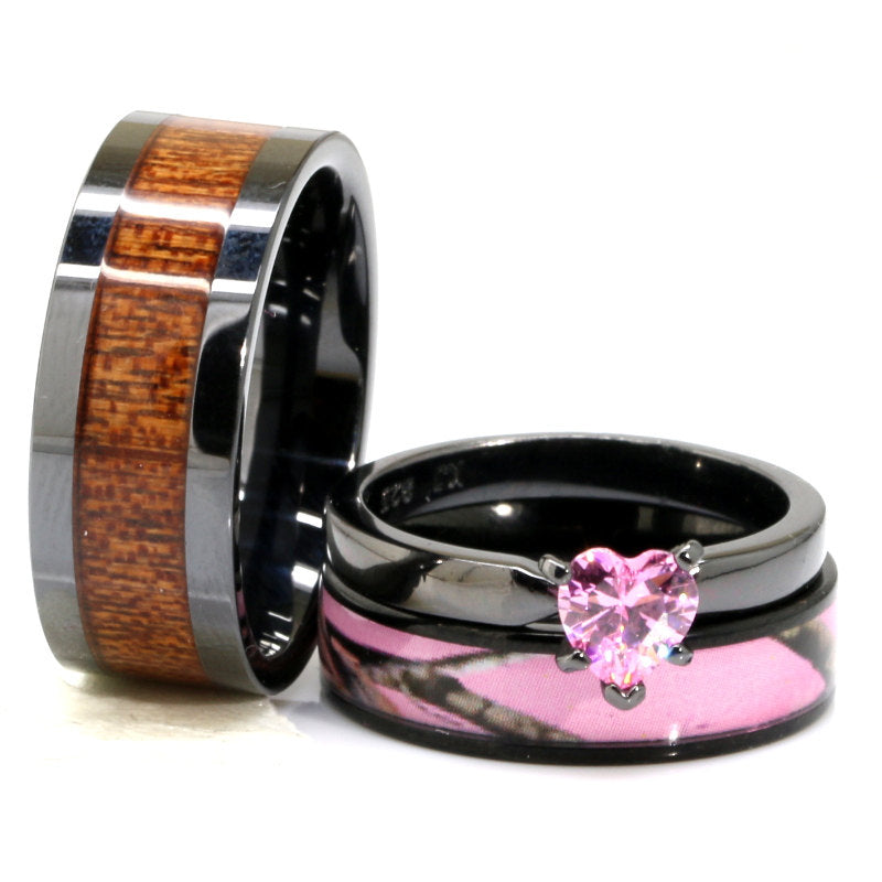 3 PCs Engagement Ring Set | Koa Wood Ring for Women | Stainless Steel Wedding Bands for Him & Her
