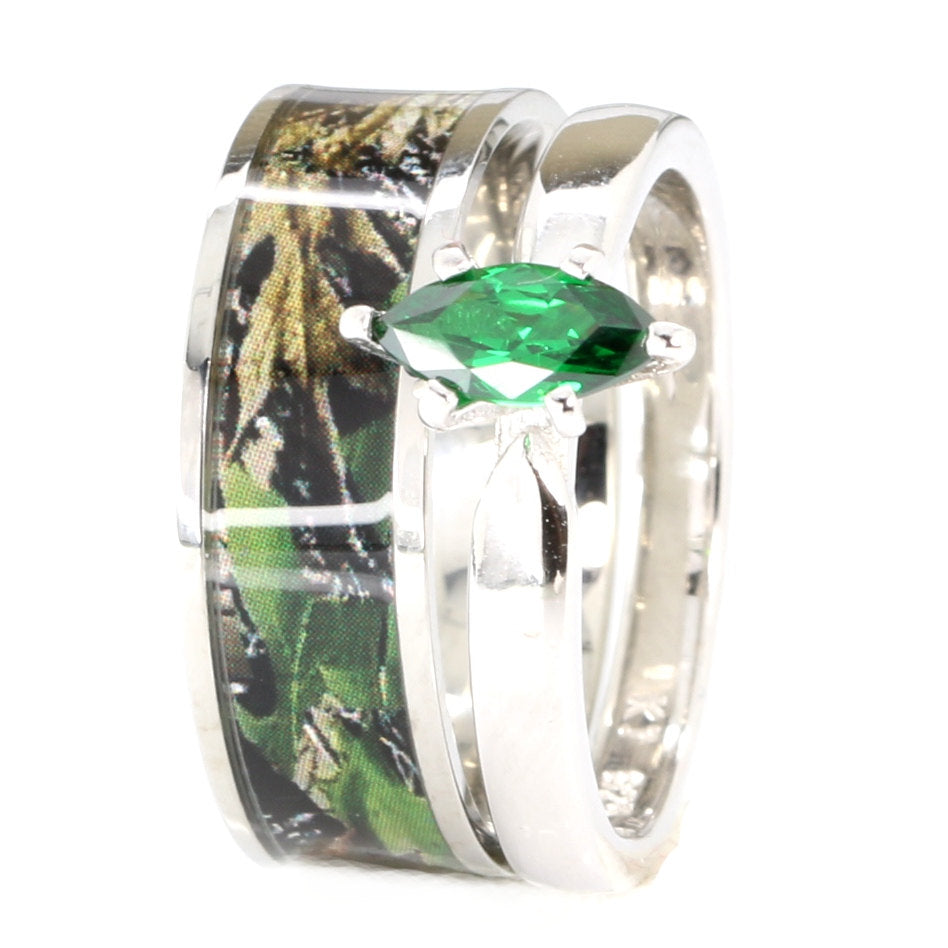 2 piece Green Camo Wedding Ring Set -  Black Camo Bridal Set