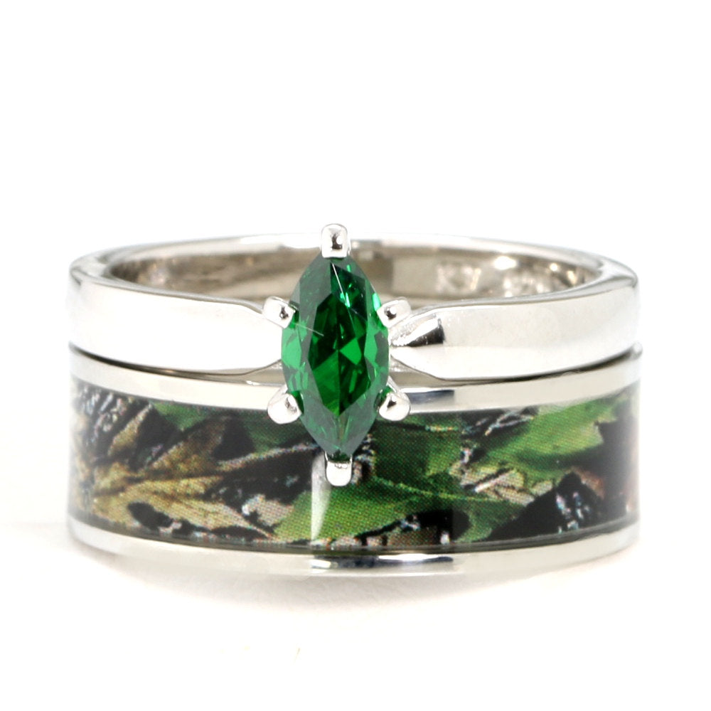 2 piece Green Camo Wedding Ring Set -  Black Camo Bridal Set