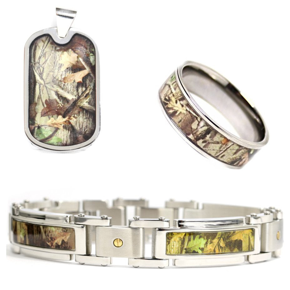 3 pc Hunting Camo Jewelry Set Hunter Bracelet Ring Dog Tag