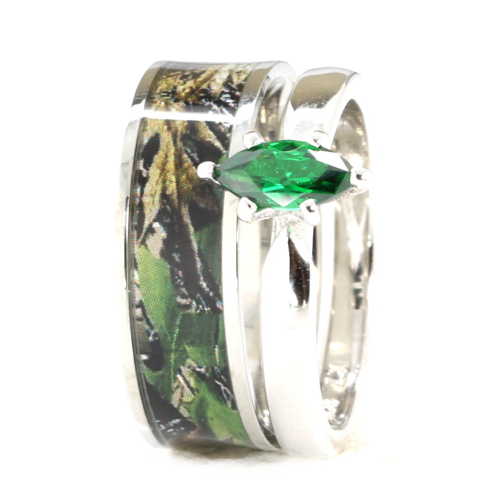 2 piece Green Camo Wedding Ring Set -  Black Camo Bridal Set