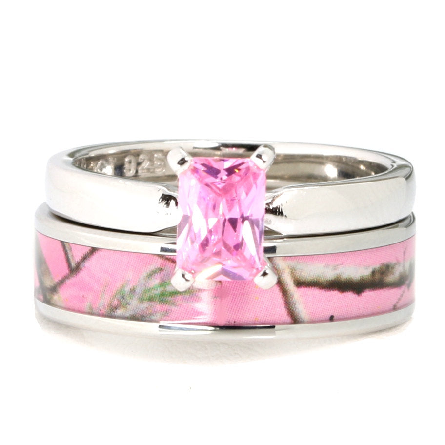 2 pc Pink Camo Wedding Ring Set Stainless Steel and 925 Sterling Silver