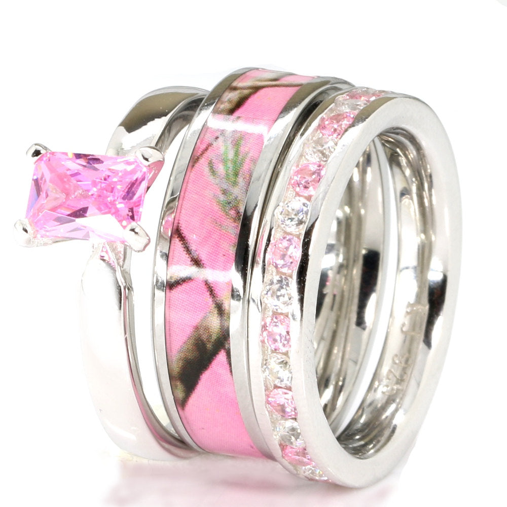 3 pc Pink Camo Ring Set Sterling Silver Wedding Ring Set