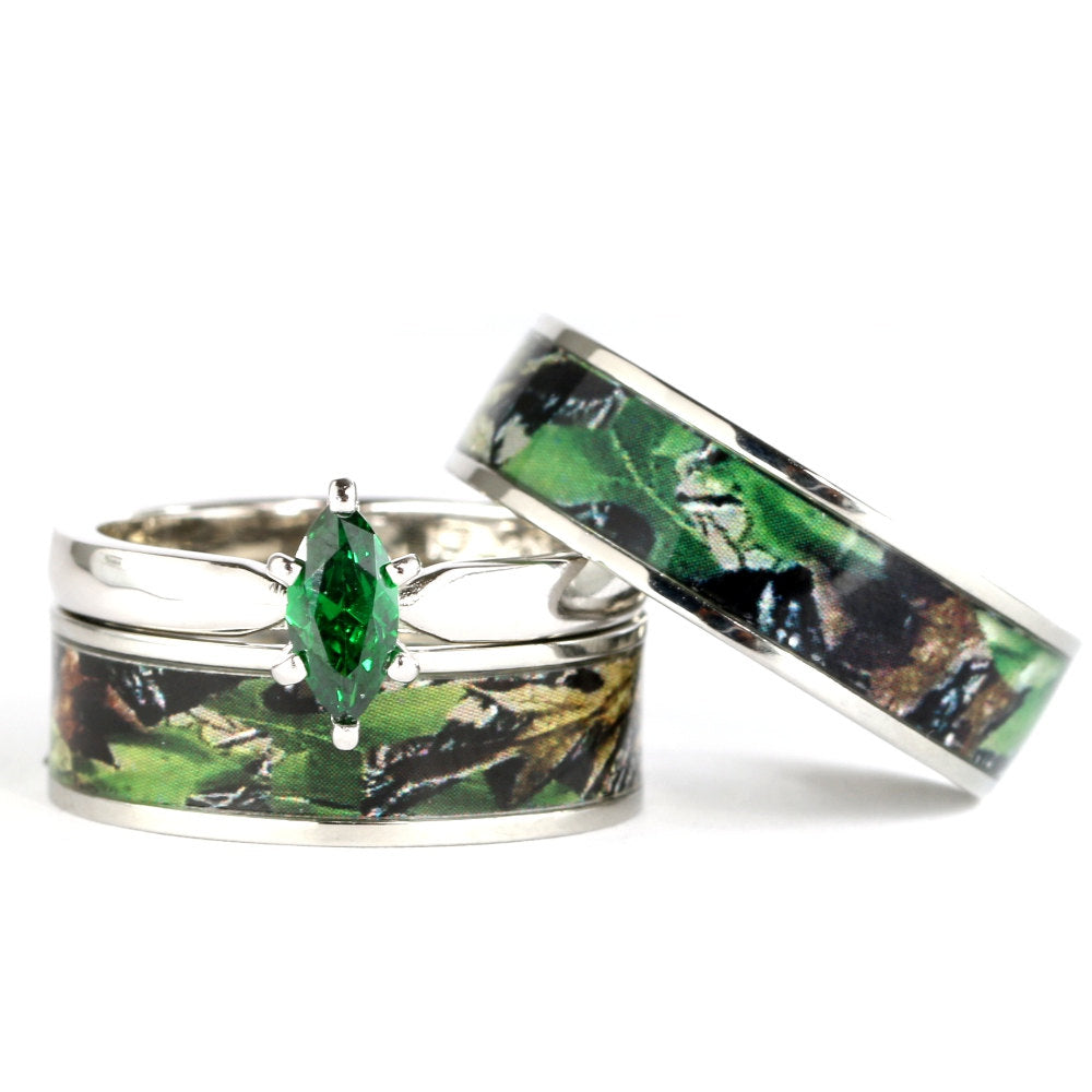 His and Hers Green Camo Ring Set Marquis Engagement Ring