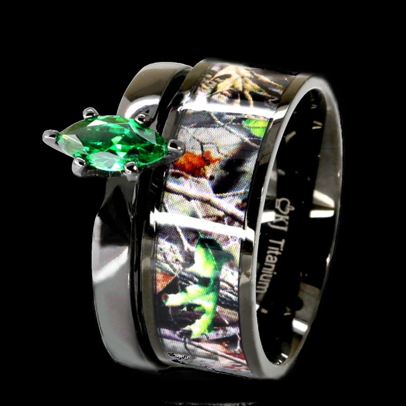 2 piece Green Camo Wedding Ring Set -  Black Camo Bridal Set