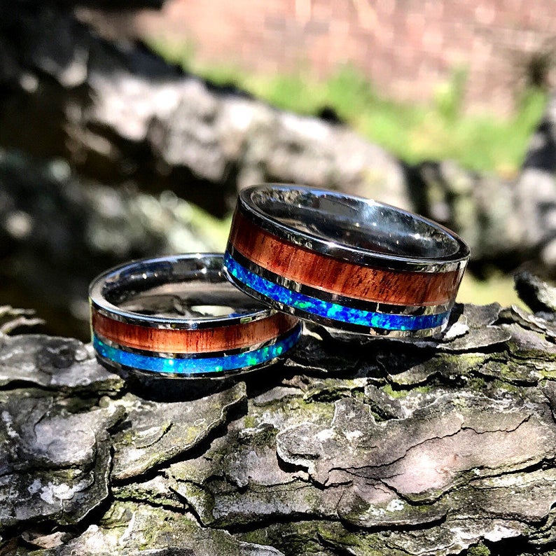 "Aloha" Stainless Steel Opal and Hawaiian Koa Wood Ring