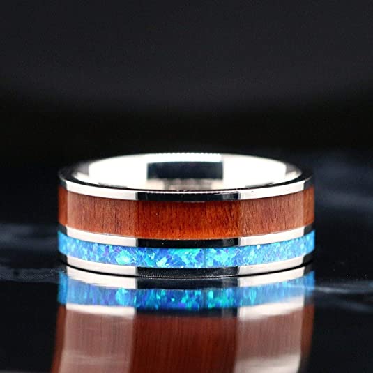 "Aloha" Stainless Steel Opal and Hawaiian Koa Wood Ring