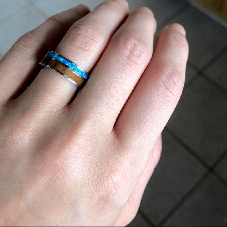 "Aloha" Stainless Steel Opal and Hawaiian Koa Wood Ring