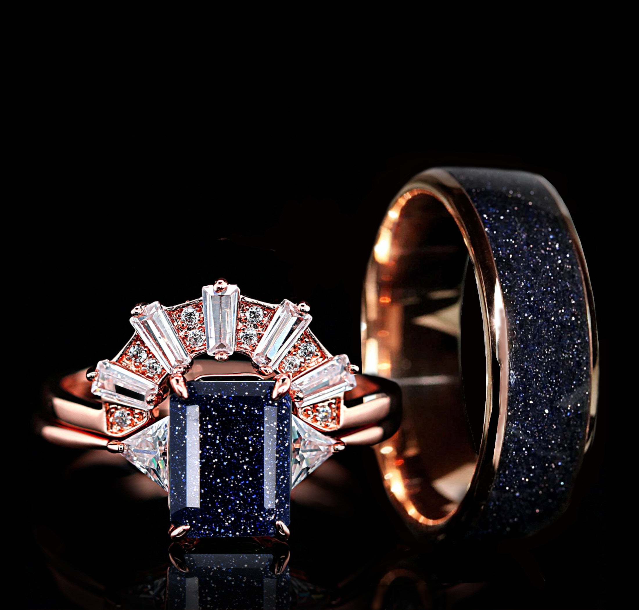 Sky Blue - Engagement Ring Set | Sky Blue Sandstone Engagement Ring for Women | Wedding Band for Man | Wedding Band for Woman