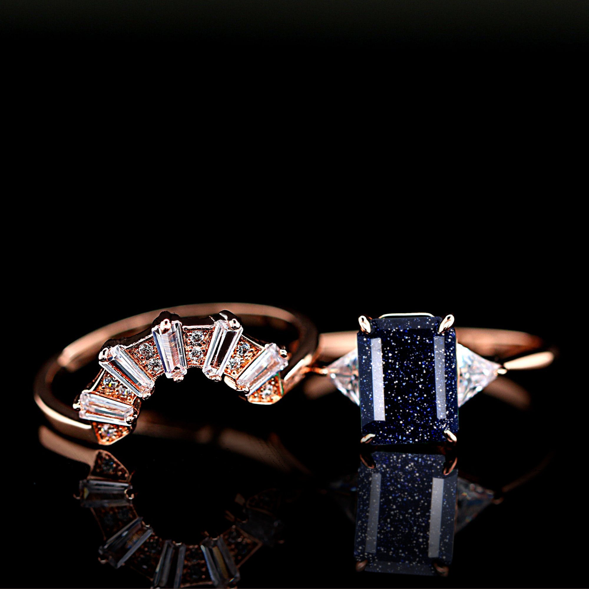 2pc Sky Blue Sandstone Cubic Zirconia Wedding Rings Set | Gold plated unique wedding rings for a woman
