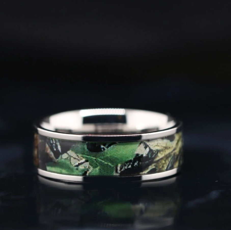 Stainless Steel Ring for Men | Green Camo Wedding Band for Men| 8mm